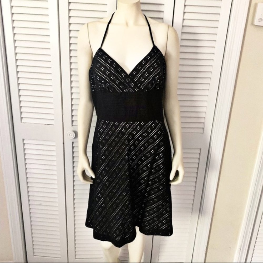 EUC WHBM Black & White Eyelet Overlay Fit & Flare Halter Dress - 12